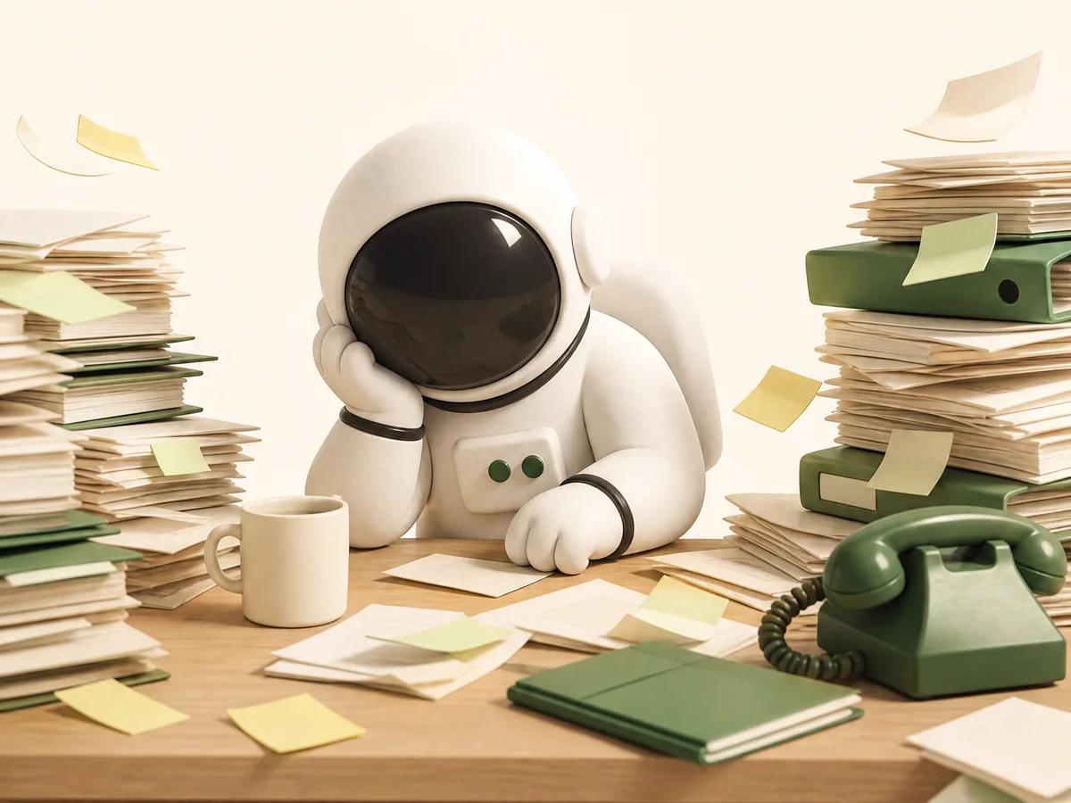 Spock at a desk covered in paperwork before customer tools are connected