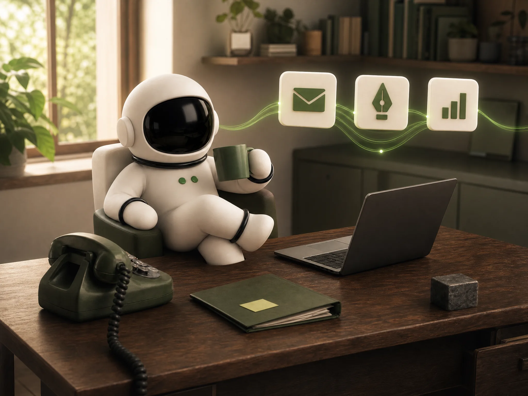 The same desk, clear and bright: Spock leans back with a coffee while agent tiles do the work
