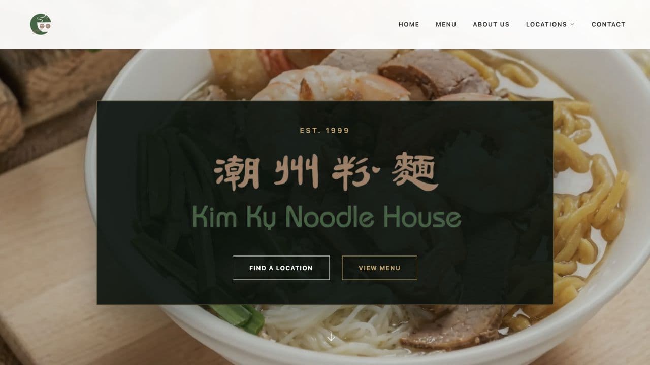 Kim Ky homepage with View Menu and Find a Location buttons