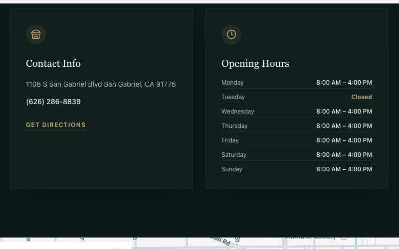 San Gabriel restaurant phone number, directions link, and weekly opening hours