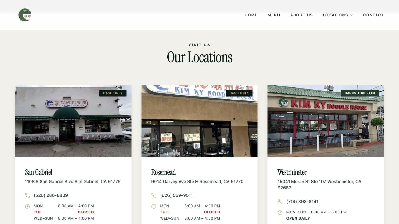 Kim Ky directory showing San Gabriel, Rosemead, and Westminster restaurants