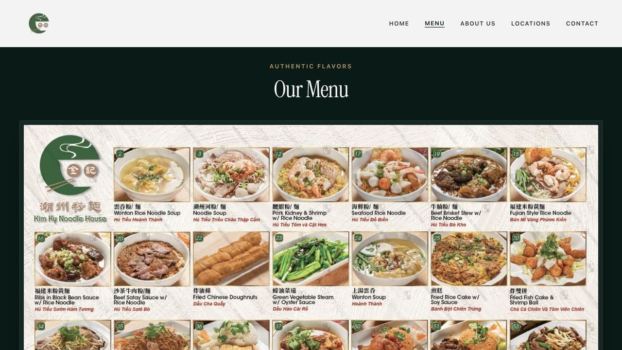 Kim Ky menu page with dish names and food photography