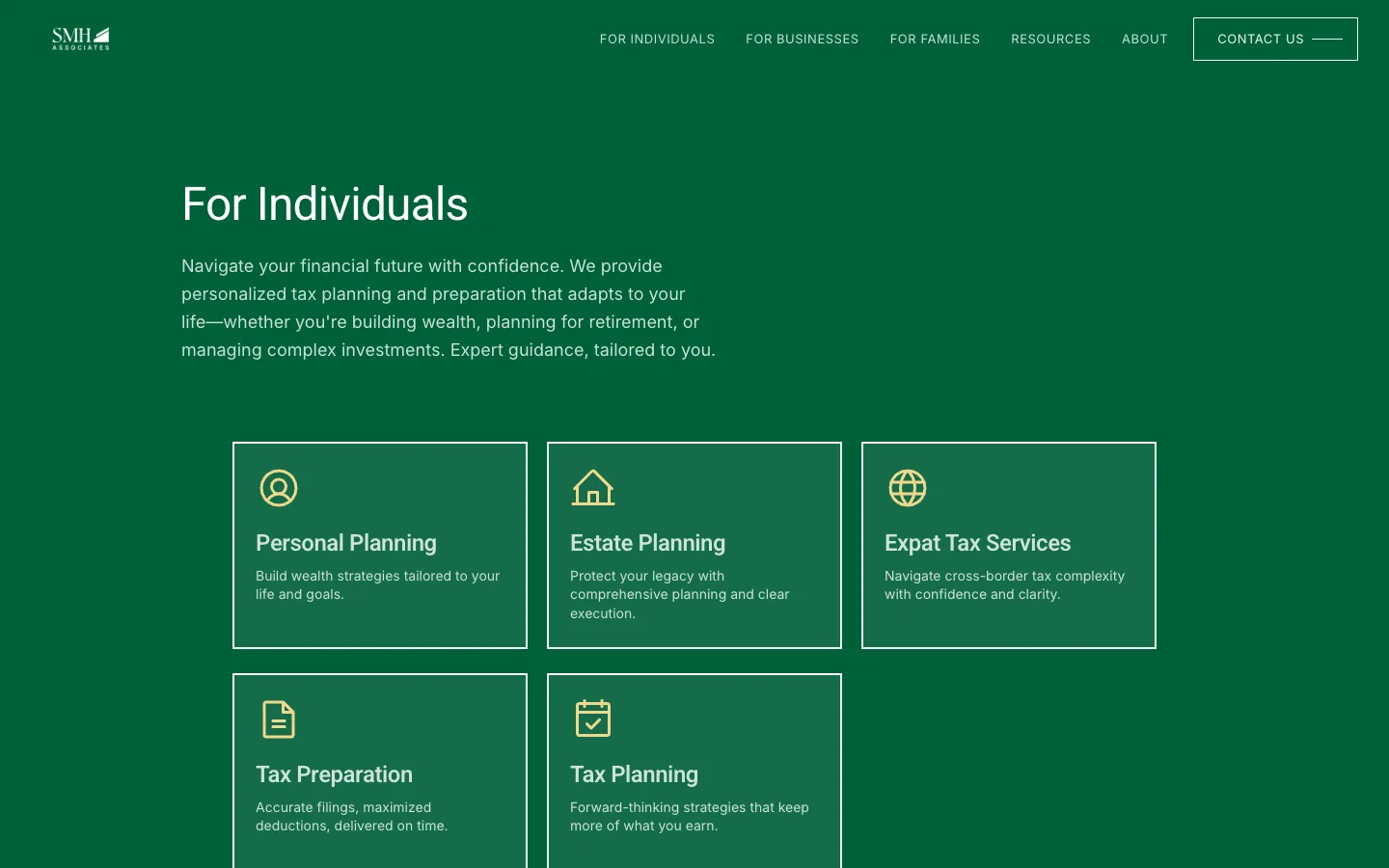 Current SMH For Individuals page with distinct cards for planning, estate, expat tax, preparation, and tax planning