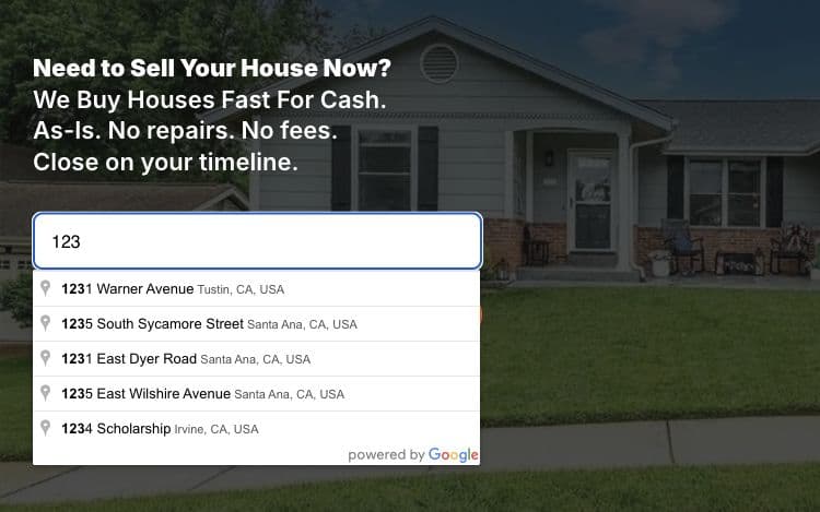 Acadia Homes USA address field showing Google address suggestions after typing 123