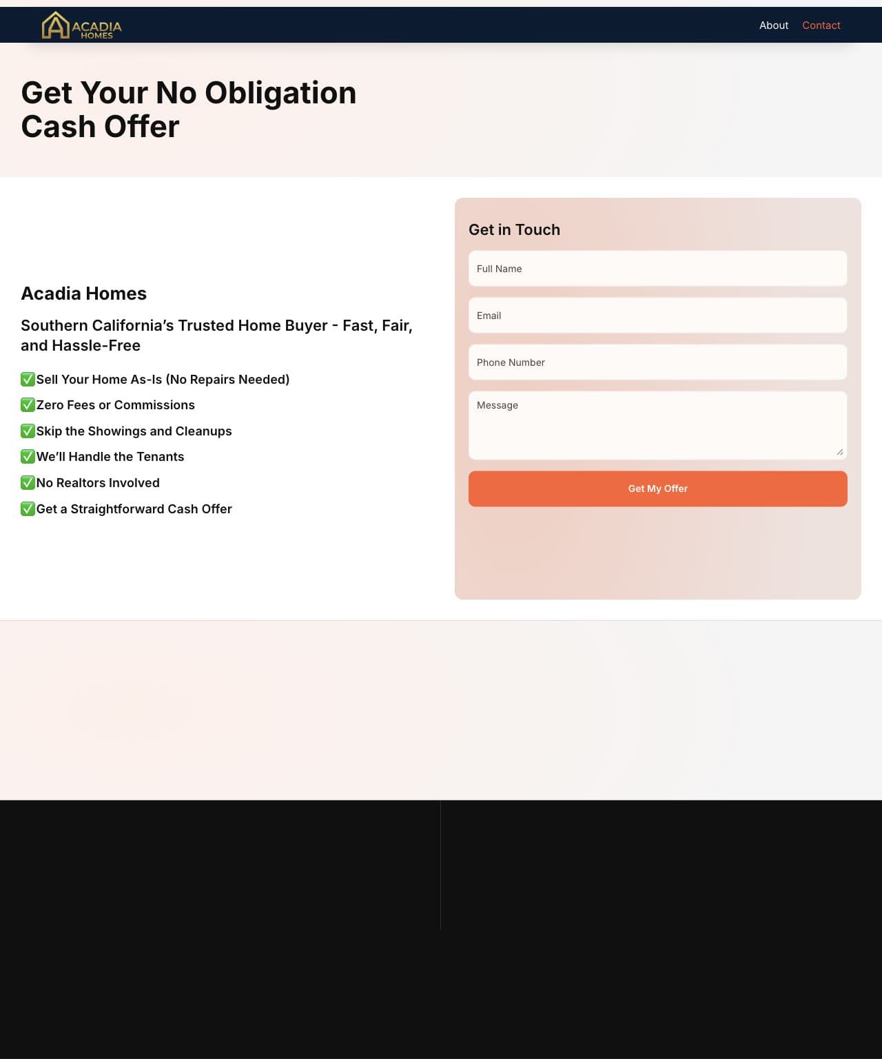 Acadia Homes USA cash offer inquiry form