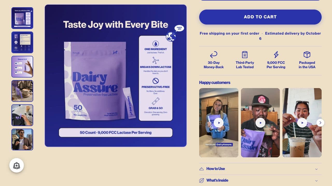 DairyAssure product page with embedded creator video carousel beside packaging and add-to-cart