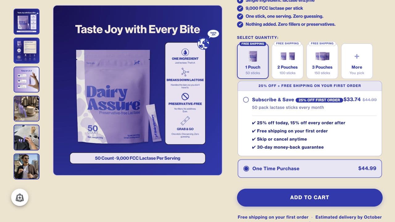 DairyAssure Shopify product page purchase controls