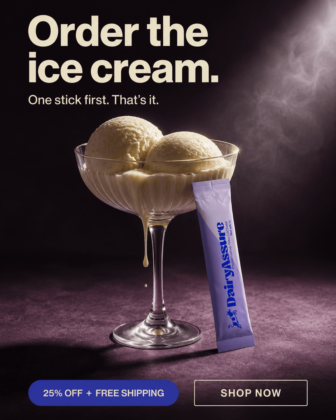 DairyAssure ice-cream static advertisement with product stick and shopping CTA