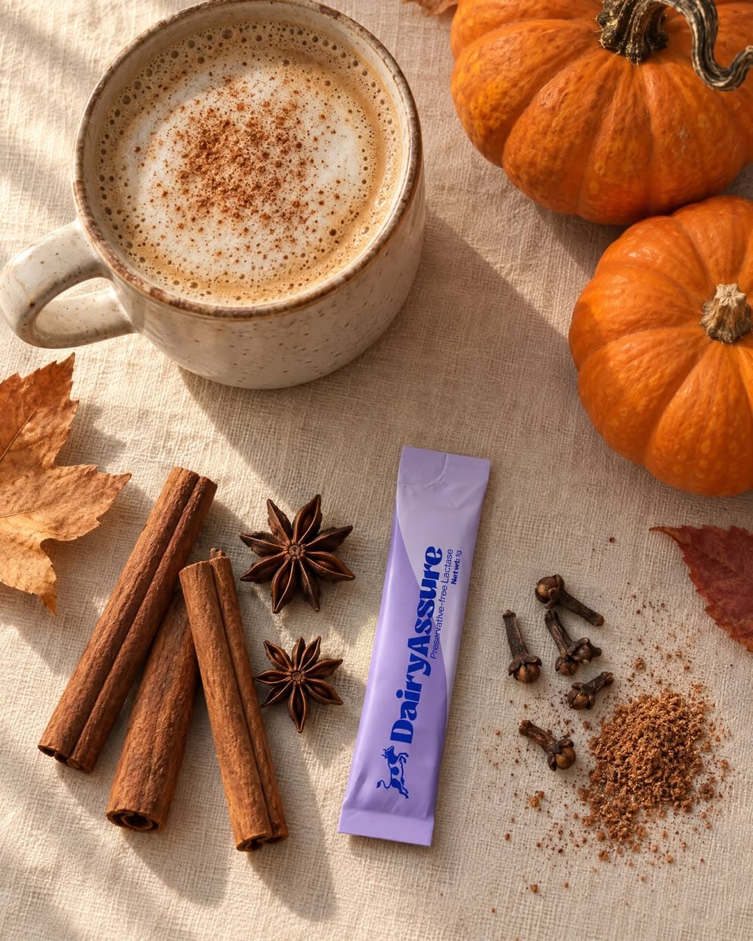 DairyAssure seasonal Instagram static with a latte, pumpkins, and product stick