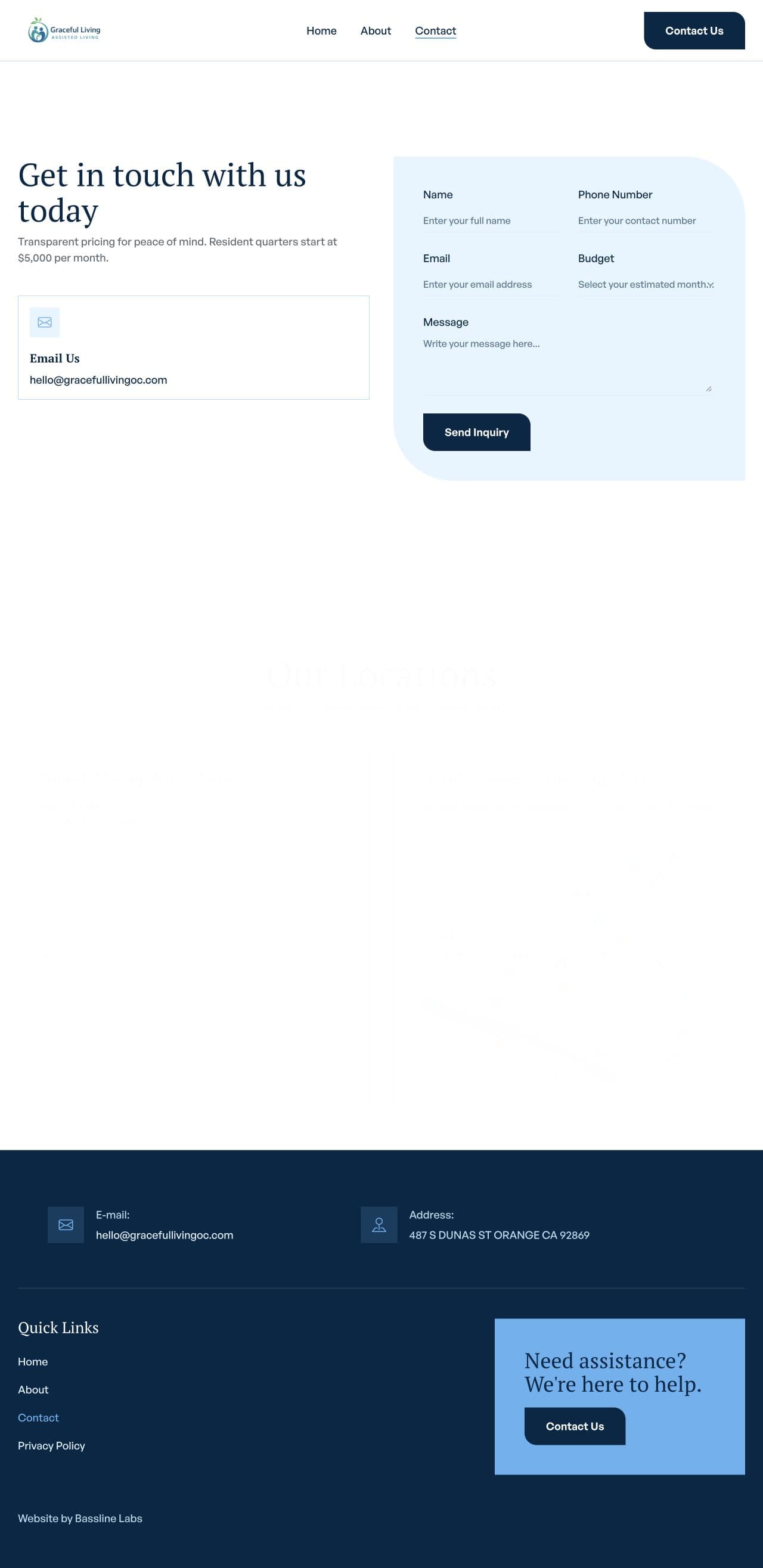 Graceful Living contact form with budget and message fields