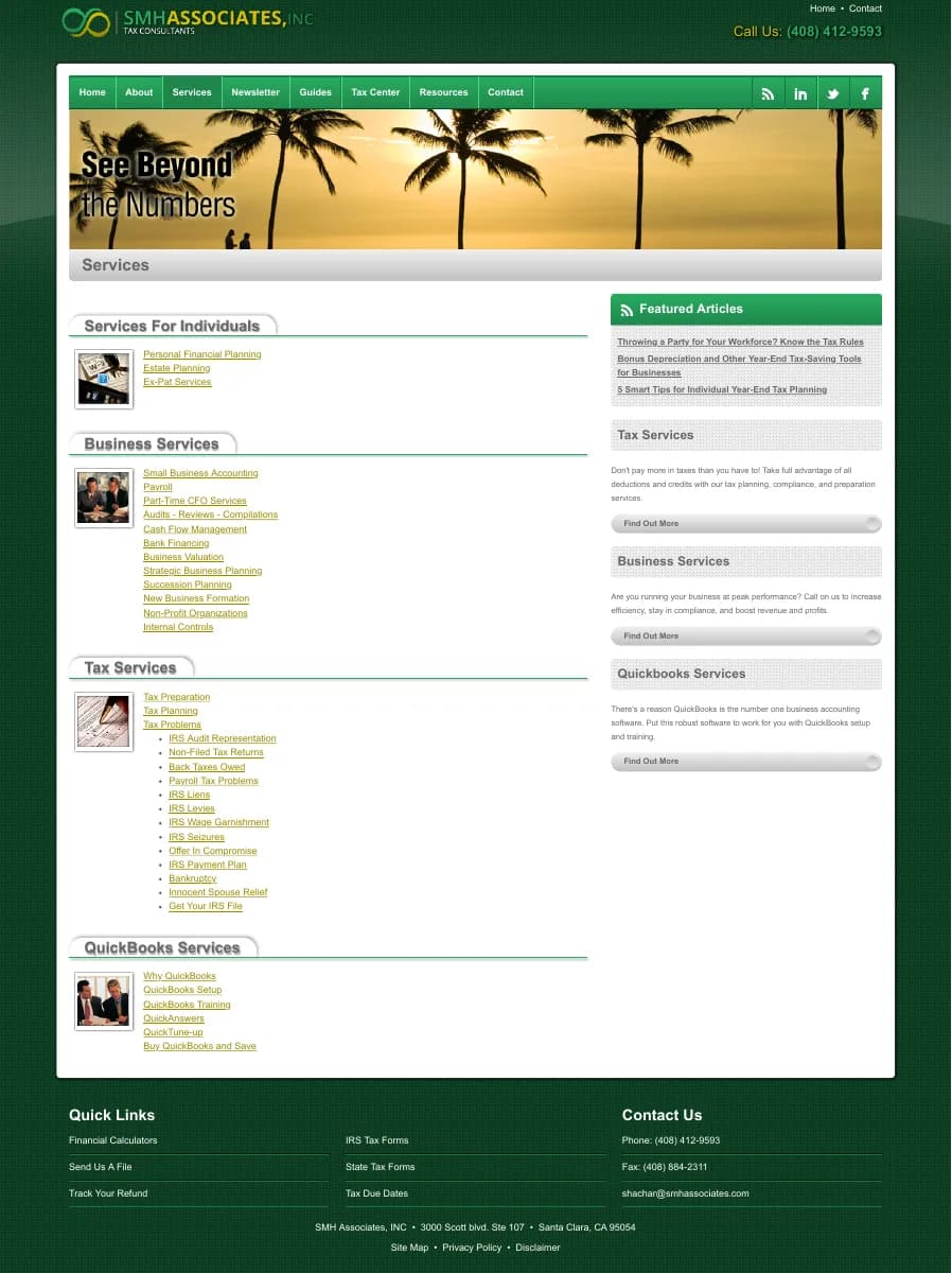 Archived SMH service directory with long lists of individual, business, tax, and QuickBooks services