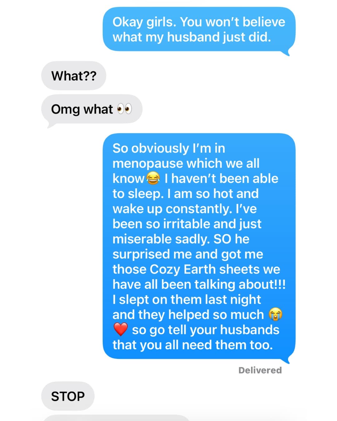 Cozy Earth · Text Message ad