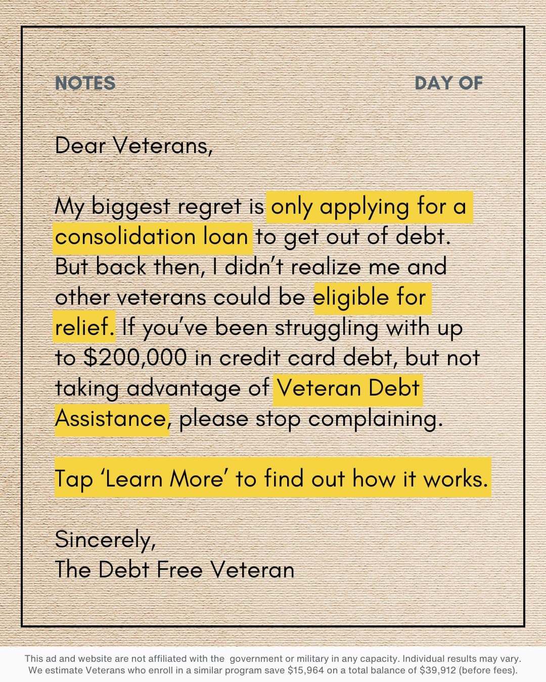 Veteran Debt Assistance · Letter ad