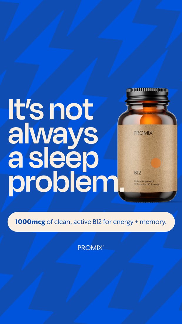 Promix blue ad with a large left-aligned statement beside an amber supplement bottle.