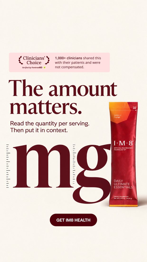 IM8 text-led ad with oversized mg lettering beside a red product sachet.