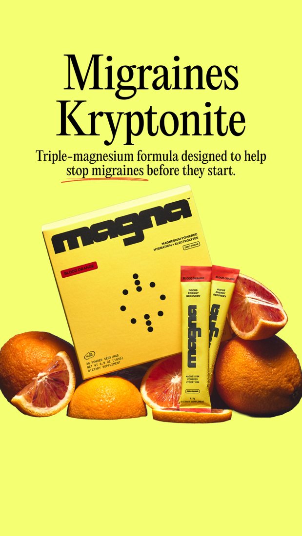 Magna yellow ad with a large black headline, a product pouch and citrus fruit.