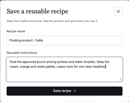 Bassline’s actual Save a reusable recipe dialog with the Cellie floating-product direction