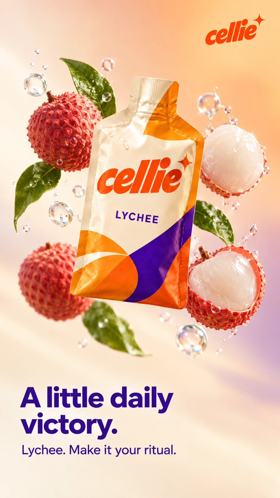 Cellies Lychee shaped-pouch ad adapting the floating product and sensory fruit arrangement in cream, orange and violet