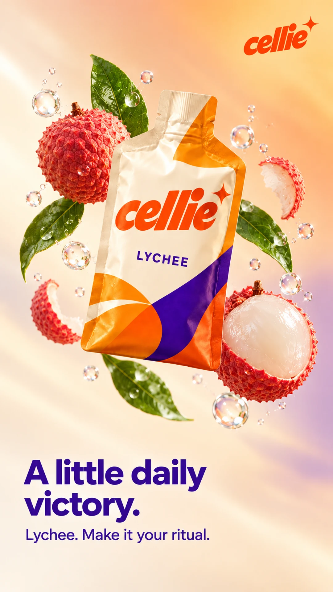 Cellie Lychee pouch adapting the floating product and botanical arrangement in cream, orange and violet