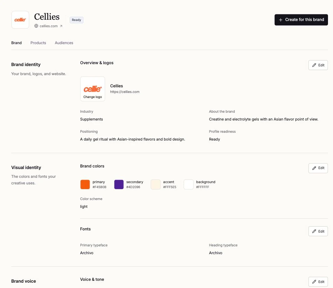 Actual Cellie brand profile showing its logo, orange and violet palette and Archivo typography