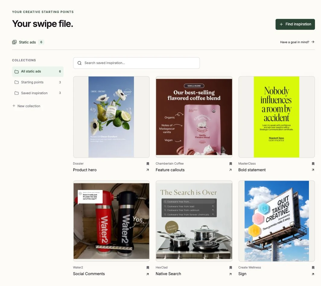 The Cellie swipe file in Bassline, with the Dossier reference saved alongside other ads